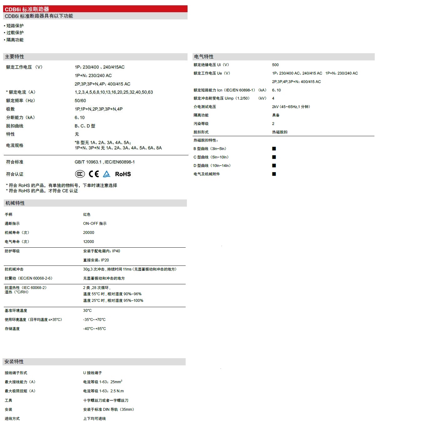 CDB6i 小型斷路器產(chǎn)品參數